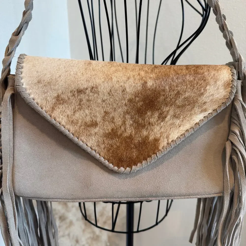 Zulia & Huipa Zina Fringe Shoulder Bag Suede & Cowhide Bone White Western